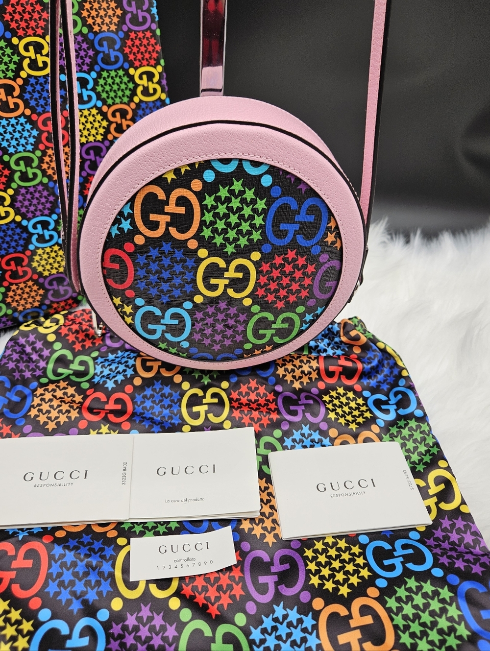 GUCCI Rainbow Psychedelic Round Shoulder Messenger Bag Purse Pink Handbag - Picture 3 of 17